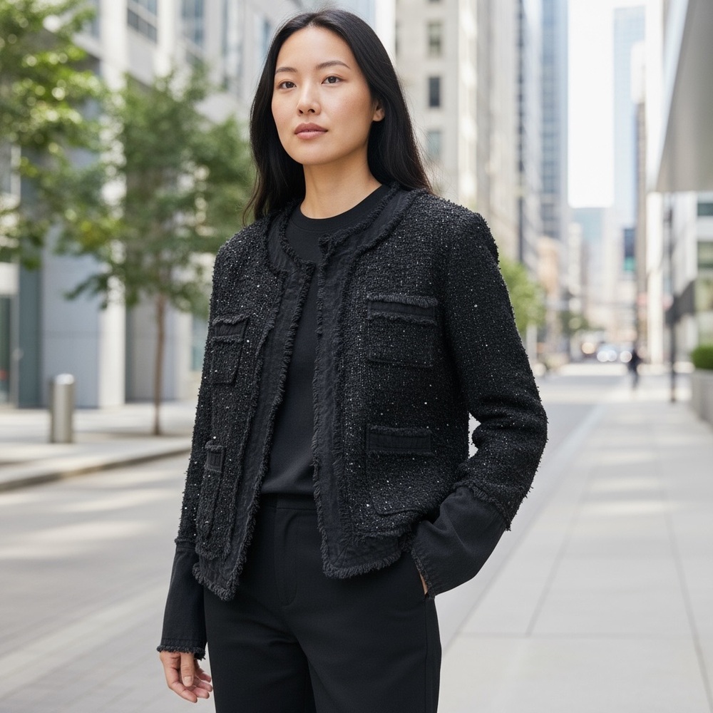 Nanette Lepore Midnight Black Frayed Sequined Bouclé Tweed Jacket w/ Denim Trim